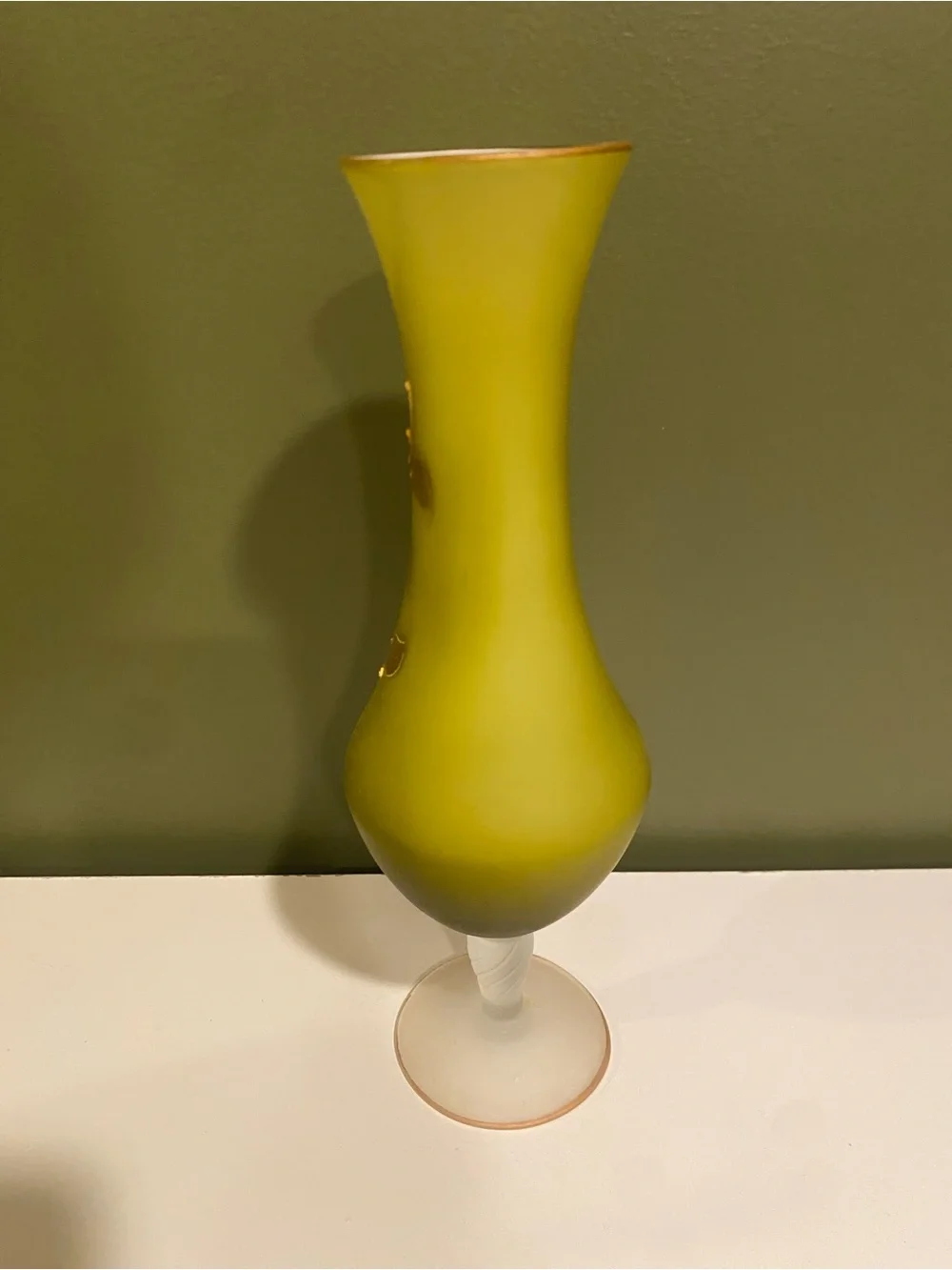 Hand-Blown Vintage Bristol Frosted Bud Vase with Gold Floral Accents